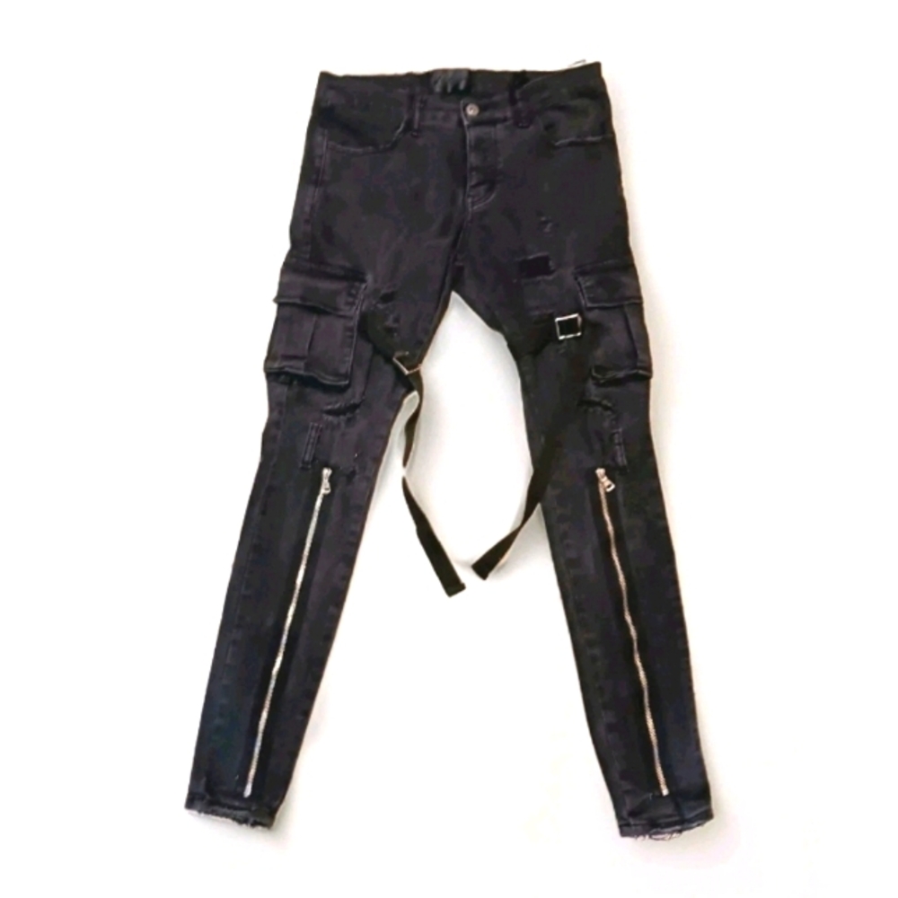 Valabasas Skinny Tactical Cargo Jeans Black Size 30 Zippers Straps Distressed